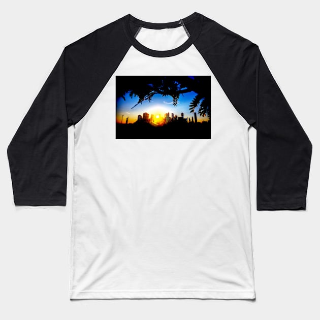 Manhattan Skyline Sunset Baseball T-Shirt by tommysphotos